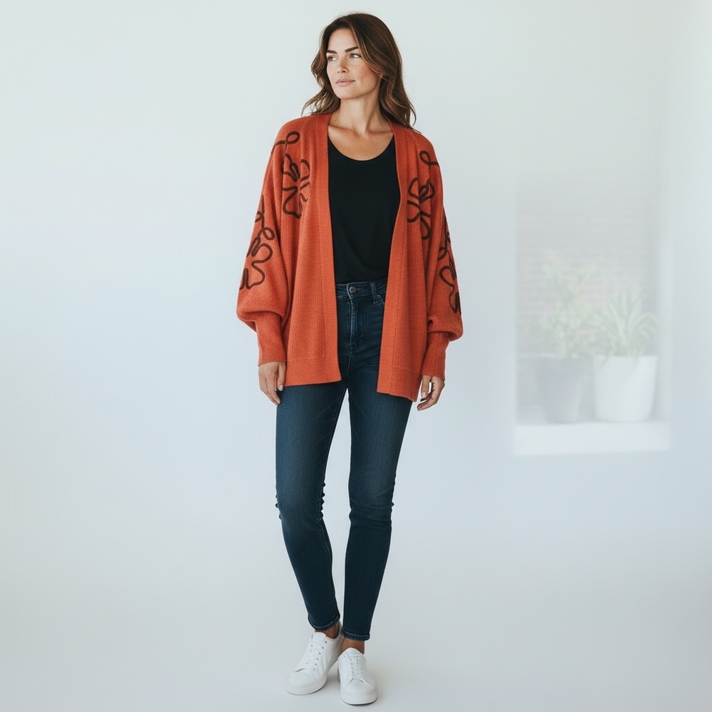 Aaeda rust-colored Cardigan with brown embroidery, NWT, Sz Med